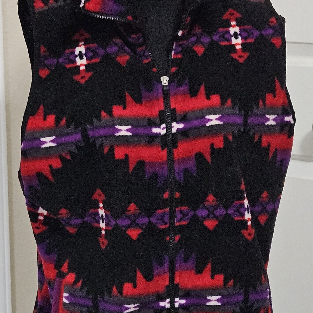 Women's Chaps Sport Aztec-Pattern Zip Fleece Vest in Black, Red & Purple
